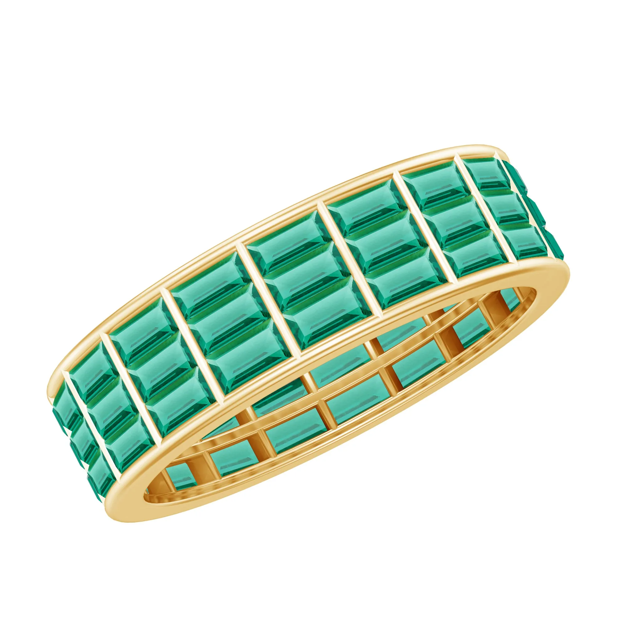 Baguette Cut Lab Grown Emerald 3 Row Wide Eternity Band