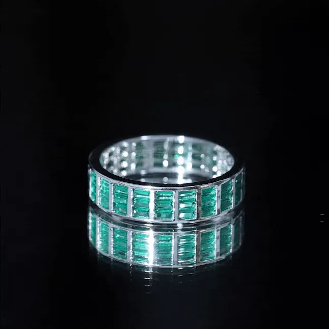 Baguette Cut Lab Grown Emerald 3 Row Wide Eternity Band