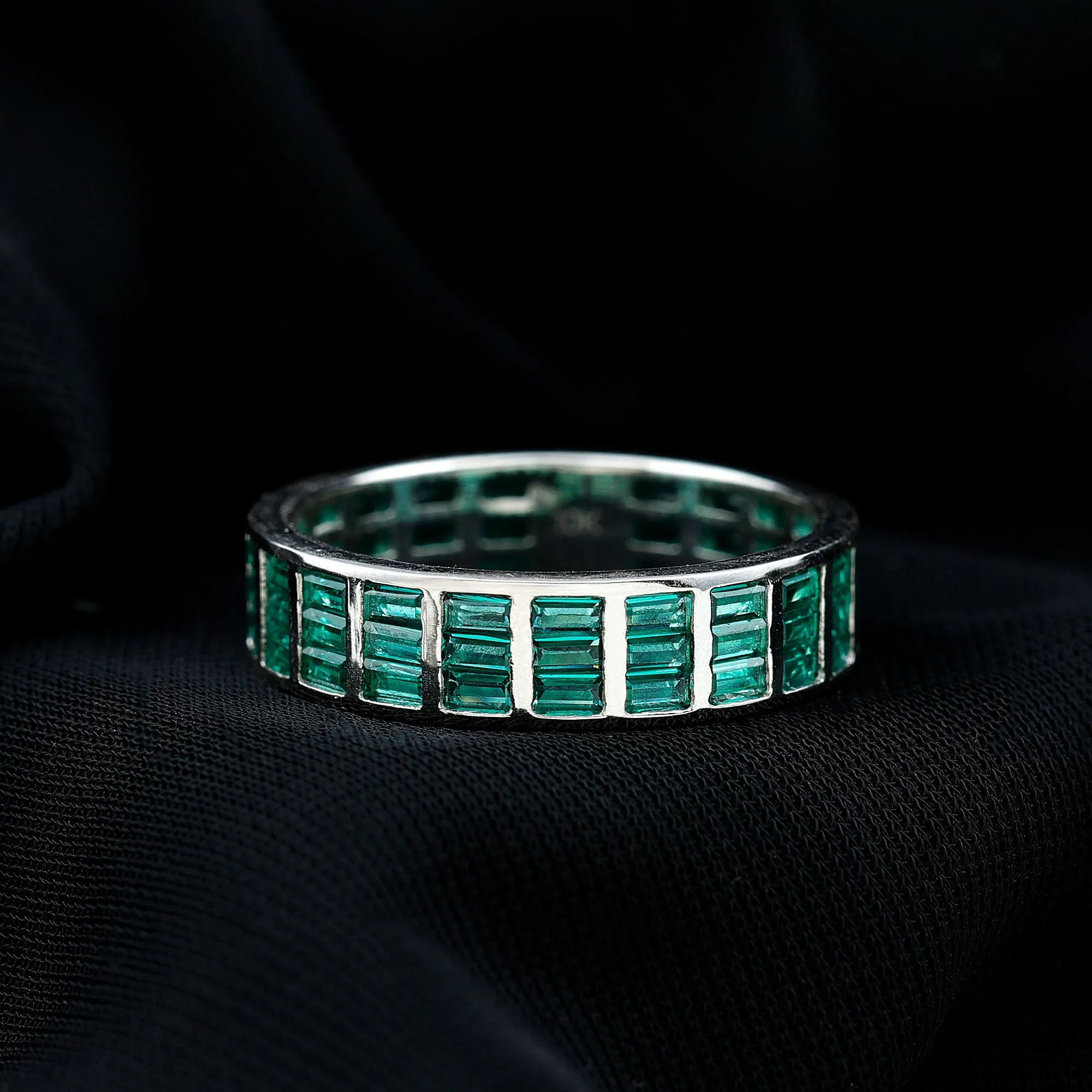 Baguette Cut Lab Grown Emerald 3 Row Wide Eternity Band