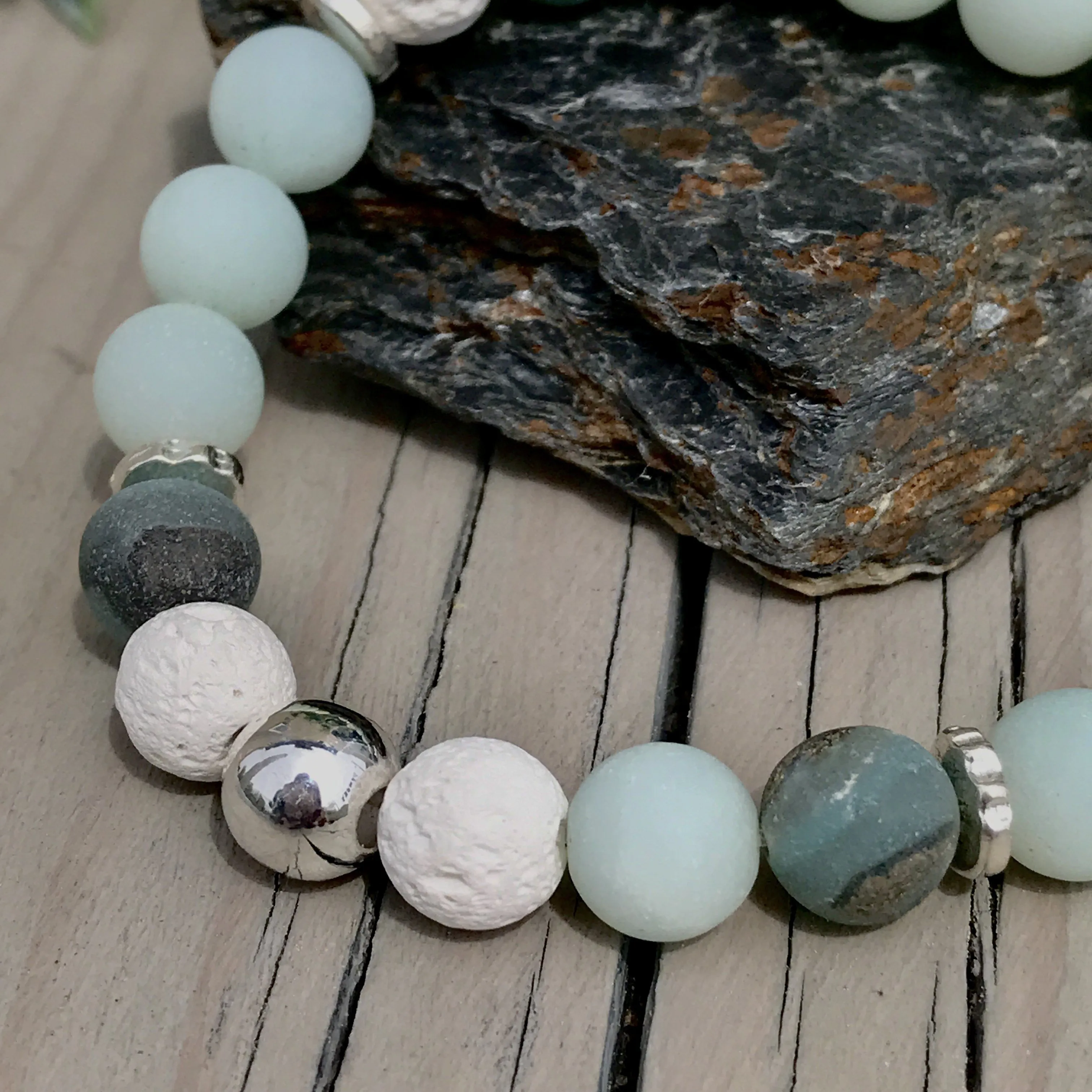 Blue Amazonite, Marble Howlite, & White Lava Gemstone Bracelets