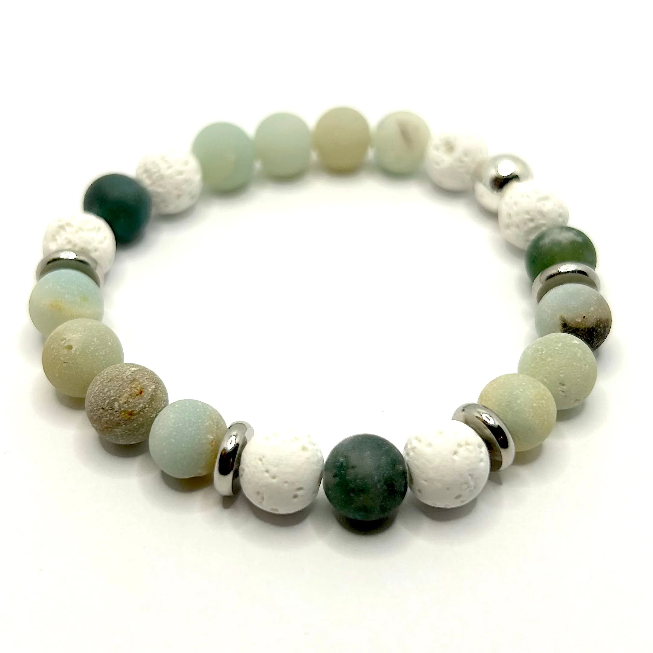 Blue Amazonite, Marble Howlite, & White Lava Gemstone Bracelets