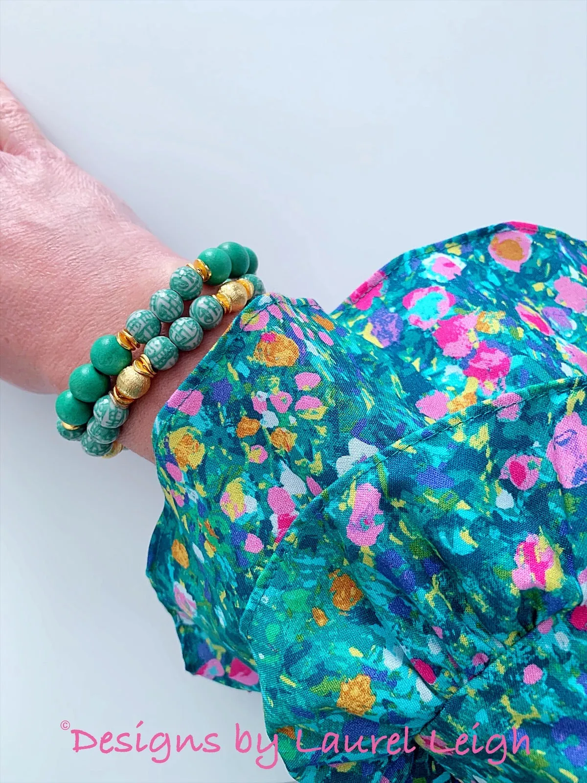 Chinoiserie Longevity Bead Bracelet - Green & Gold