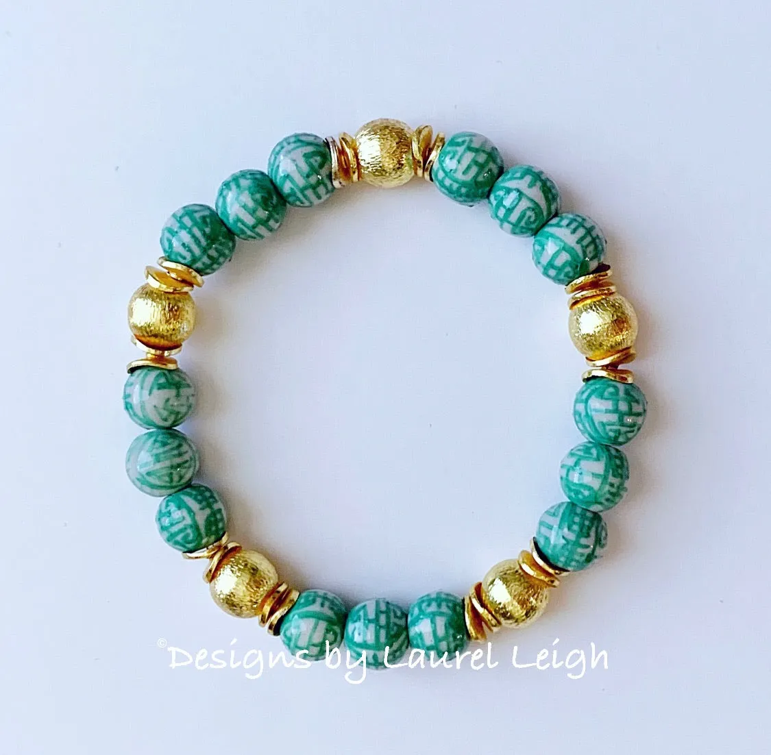 Chinoiserie Longevity Bead Bracelet - Green & Gold