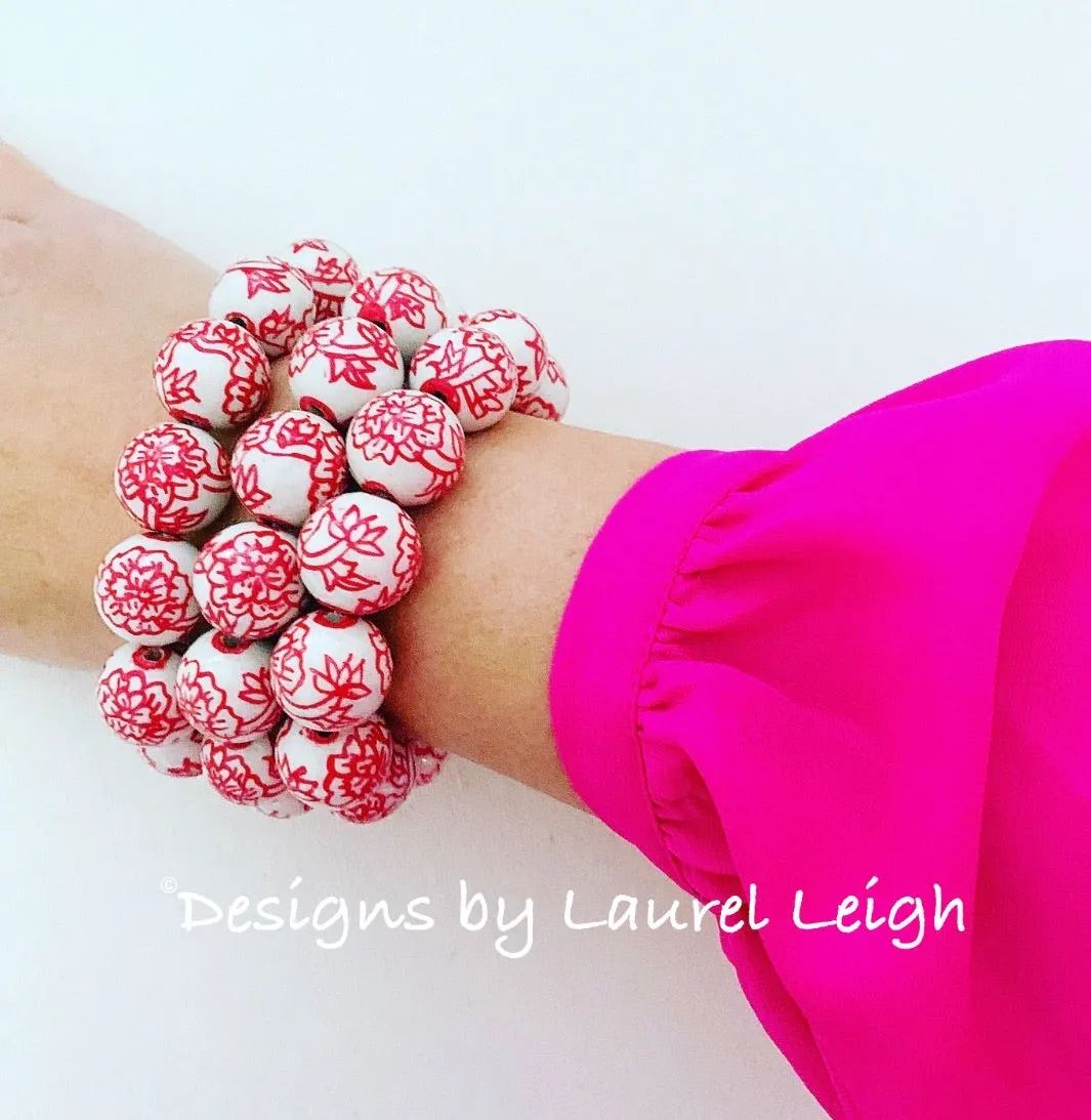 Chinoiserie Red Peony Flower Bracelet