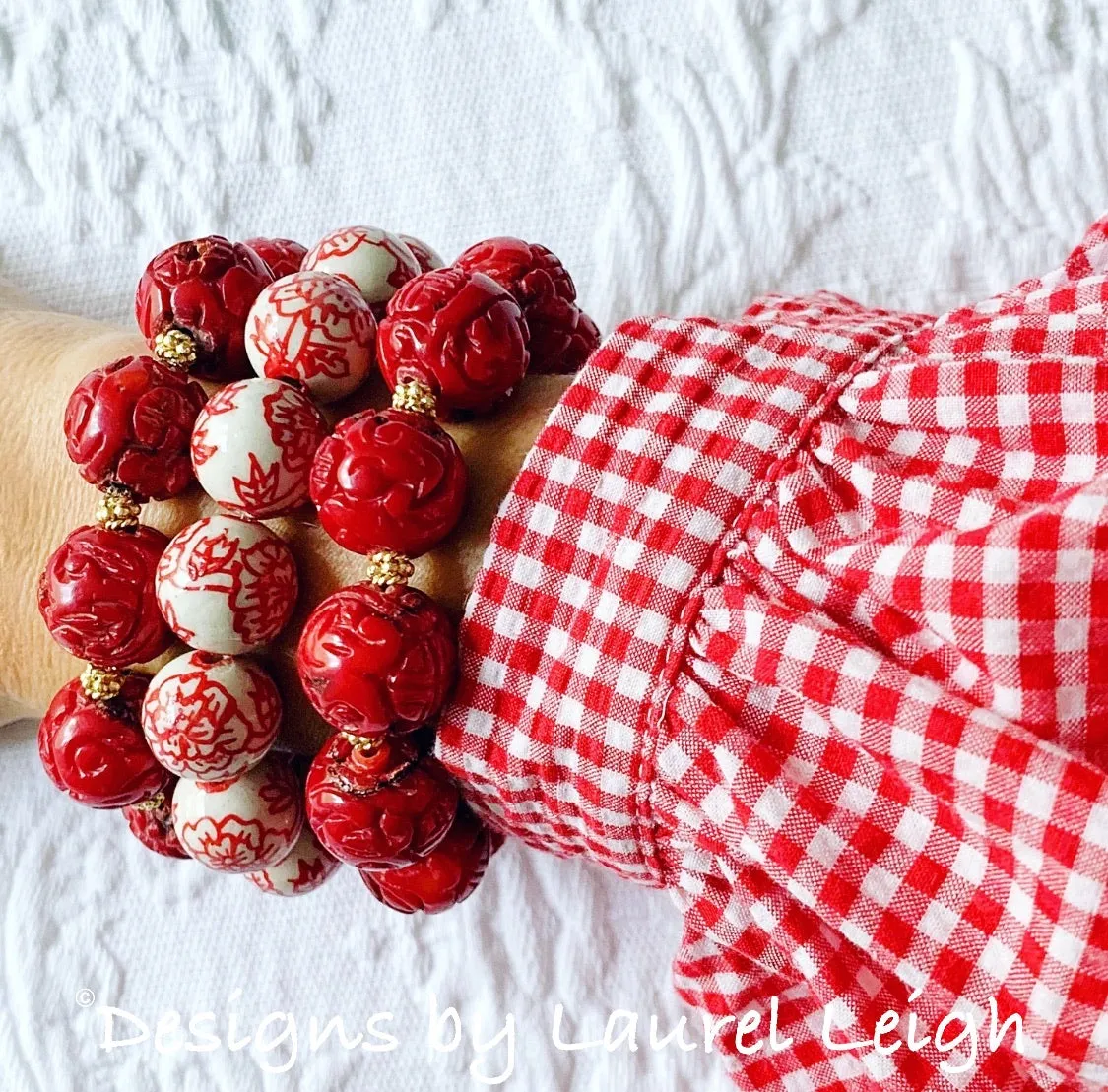 Chinoiserie Red Peony Flower Bracelet