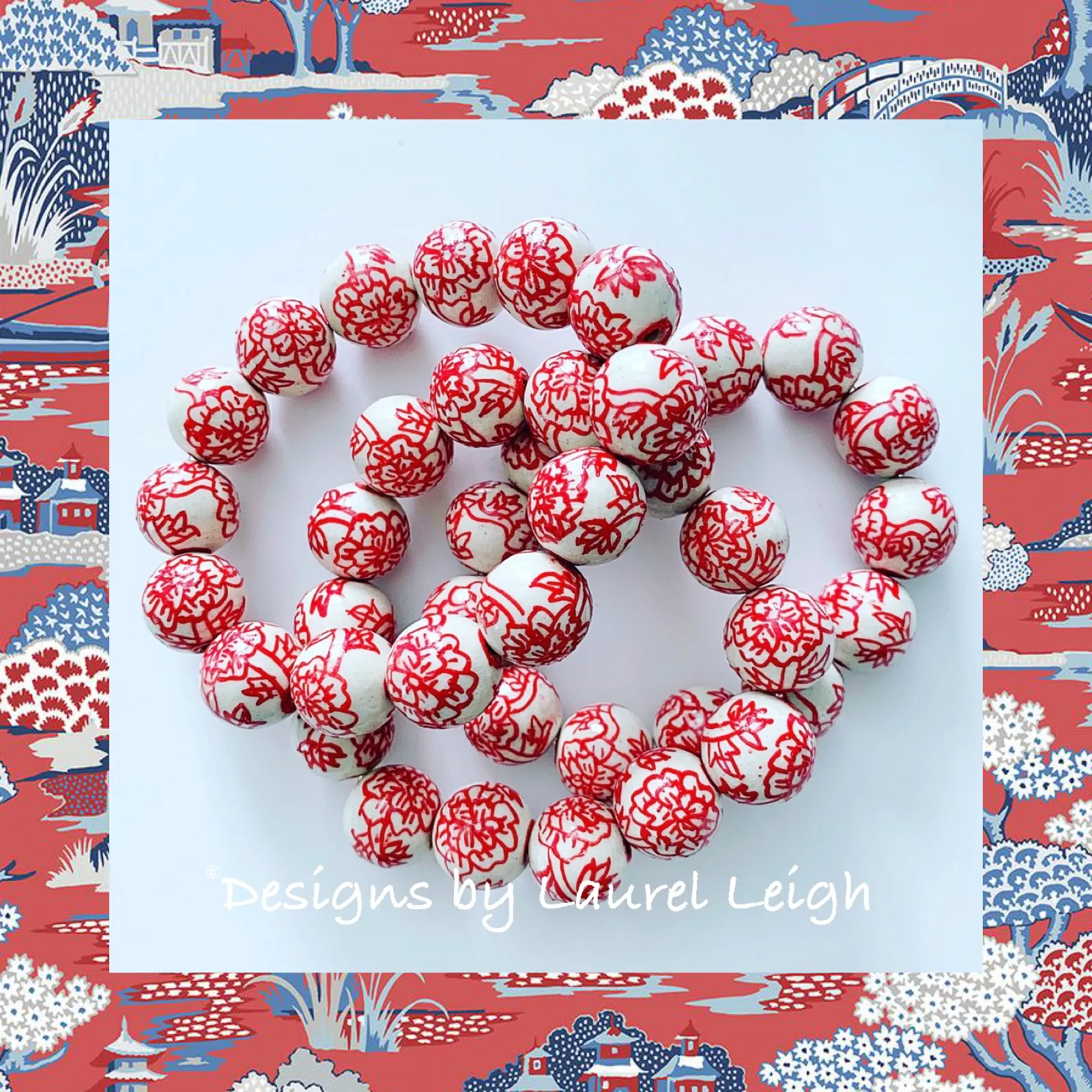 Chinoiserie Red Peony Flower Bracelet