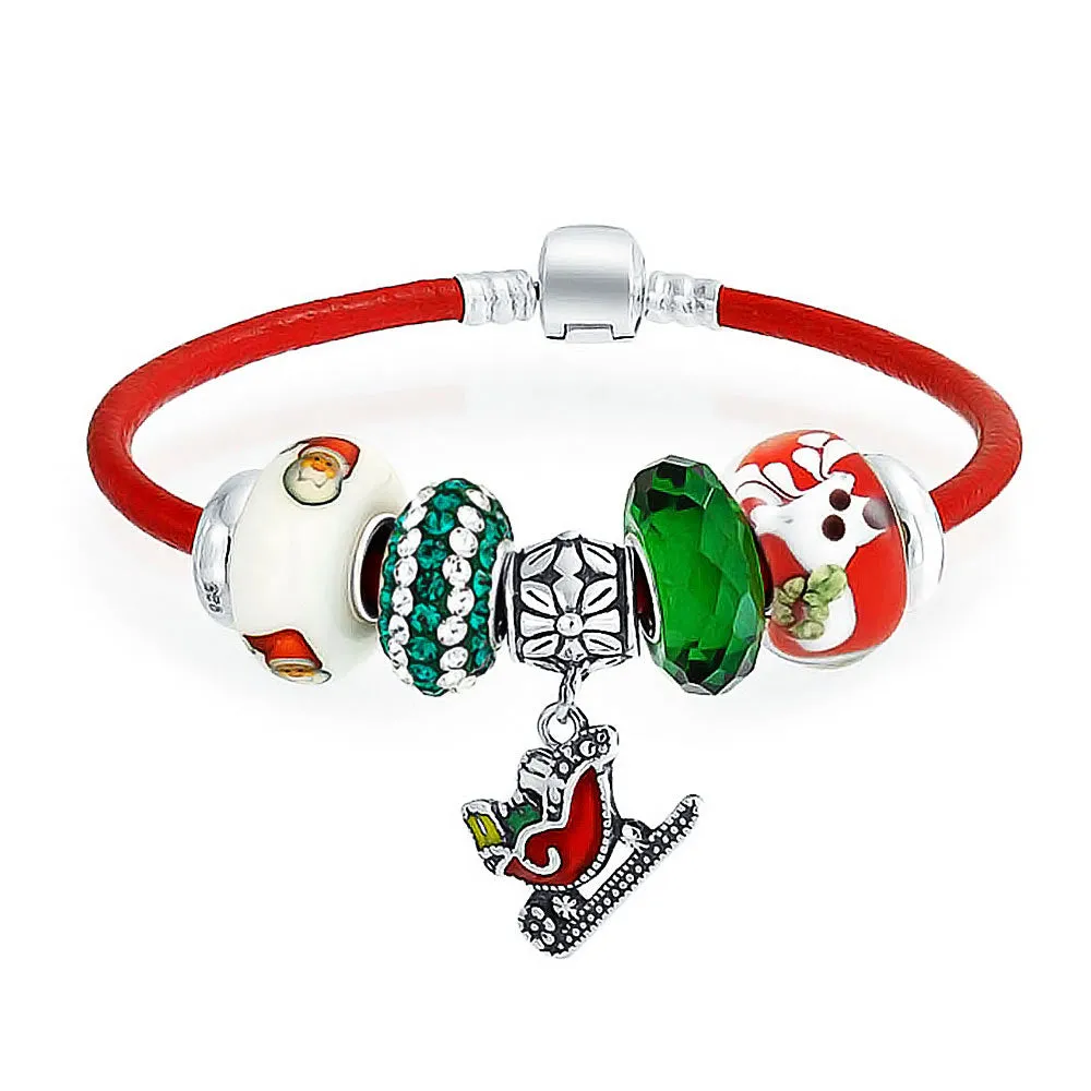 Christmas Santa Sleigh Charm Bracelet Red Leather with Sterling Silver Clasp