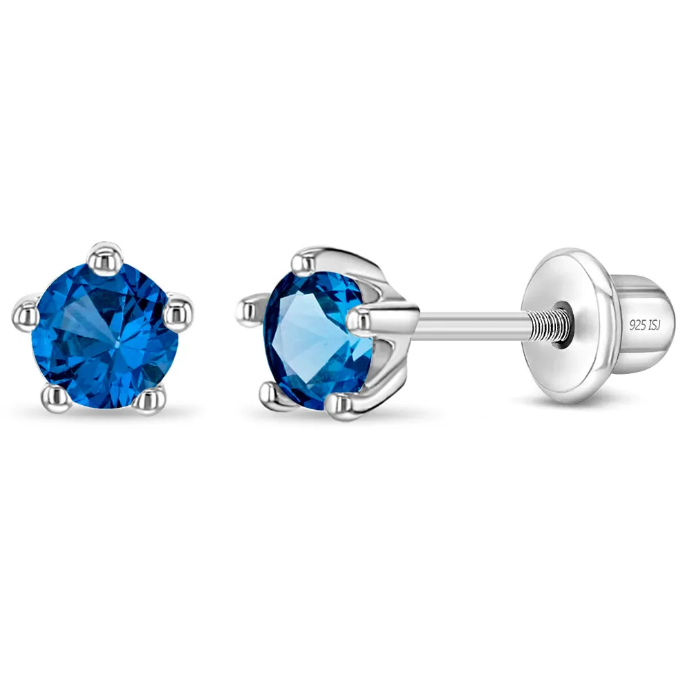 Classic CZ Birthstone Solitaire 4mm Baby / Toddler / Kids Earrings Screw Back - Sterling Silver