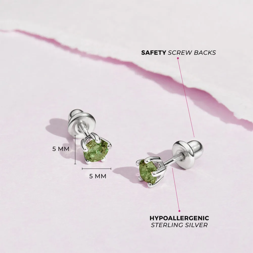 Classic CZ Birthstone Solitaire 4mm Baby / Toddler / Kids Earrings Screw Back - Sterling Silver