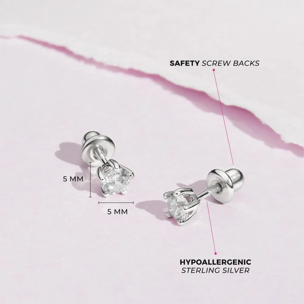 Classic CZ Birthstone Solitaire 4mm Baby / Toddler / Kids Earrings Screw Back - Sterling Silver