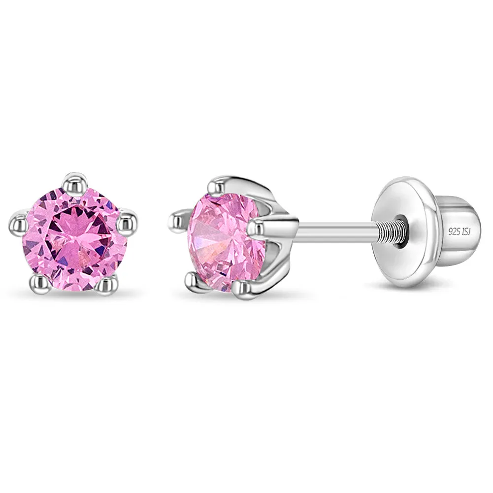 Classic CZ Birthstone Solitaire 4mm Baby / Toddler / Kids Earrings Screw Back - Sterling Silver