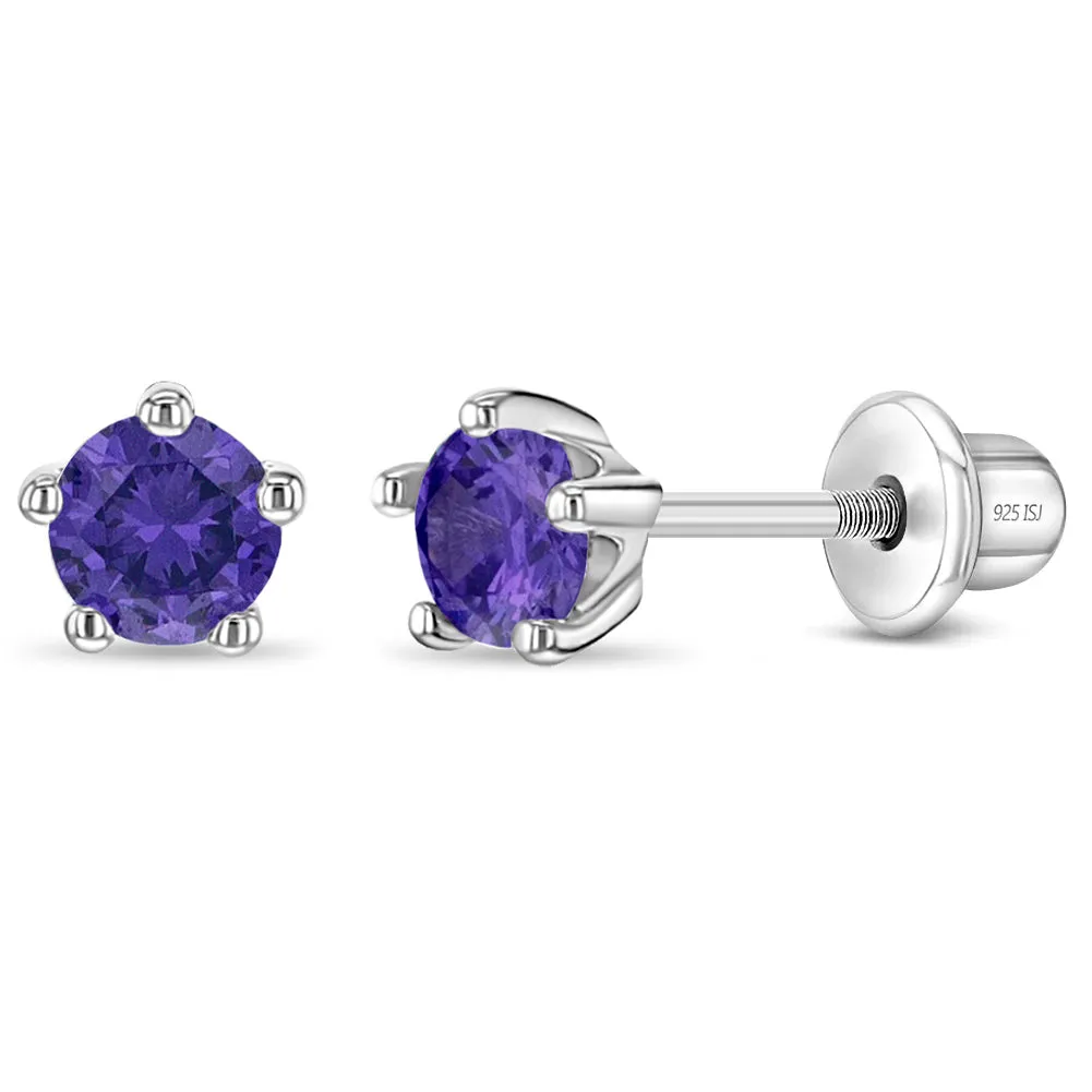 Classic CZ Birthstone Solitaire 4mm Baby / Toddler / Kids Earrings Screw Back - Sterling Silver