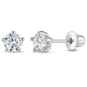 Classic CZ Birthstone Solitaire 4mm Baby / Toddler / Kids Earrings Screw Back - Sterling Silver