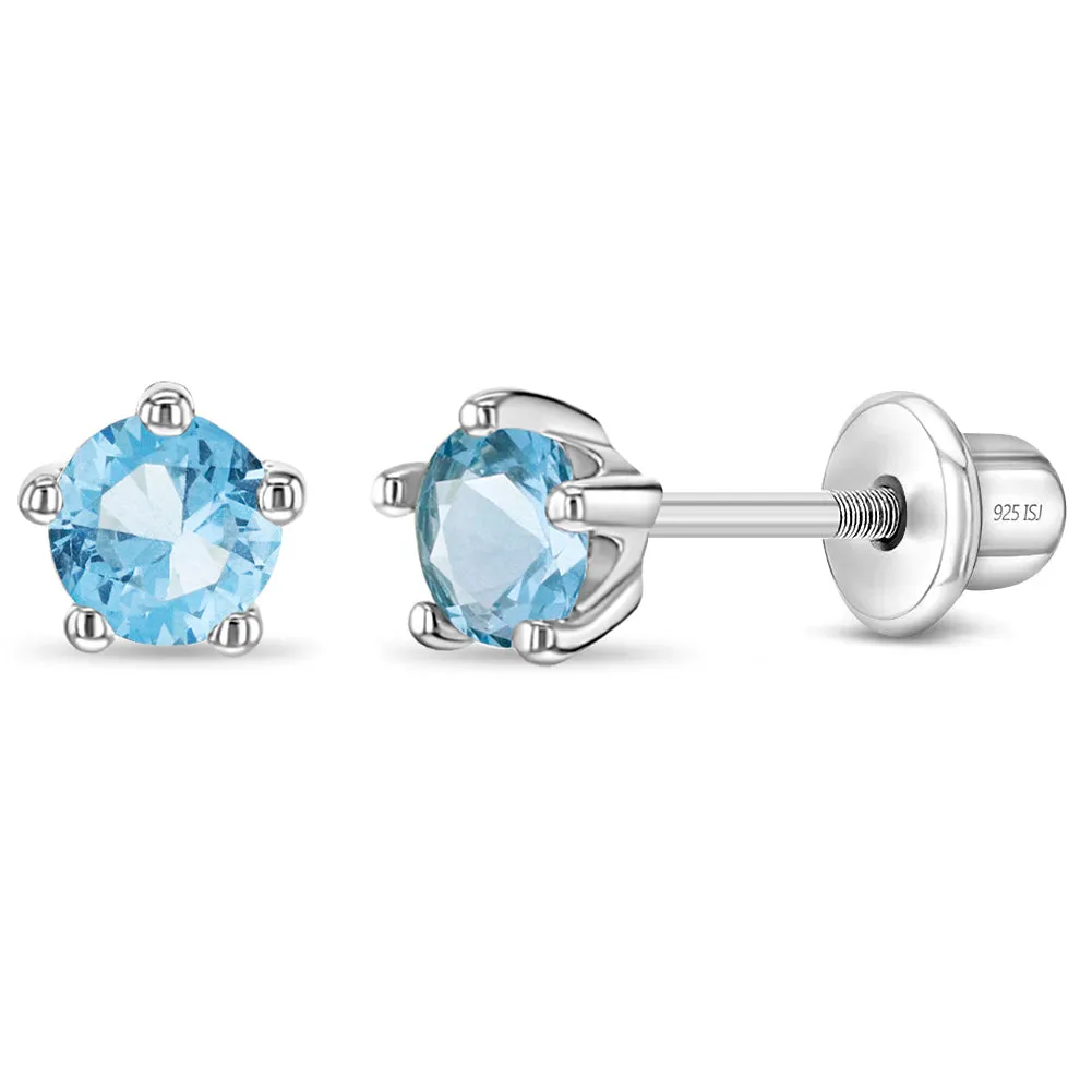 Classic CZ Birthstone Solitaire 4mm Baby / Toddler / Kids Earrings Screw Back - Sterling Silver