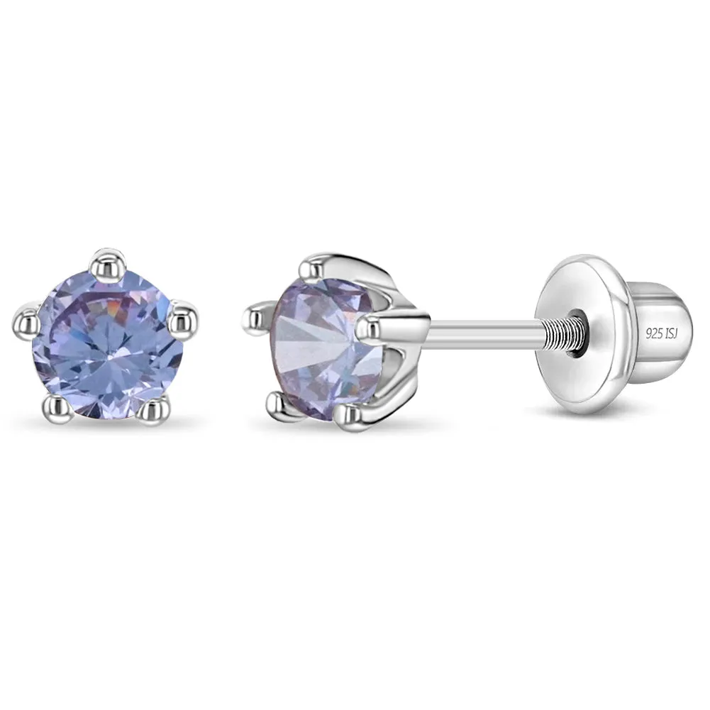 Classic CZ Birthstone Solitaire 4mm Baby / Toddler / Kids Earrings Screw Back - Sterling Silver