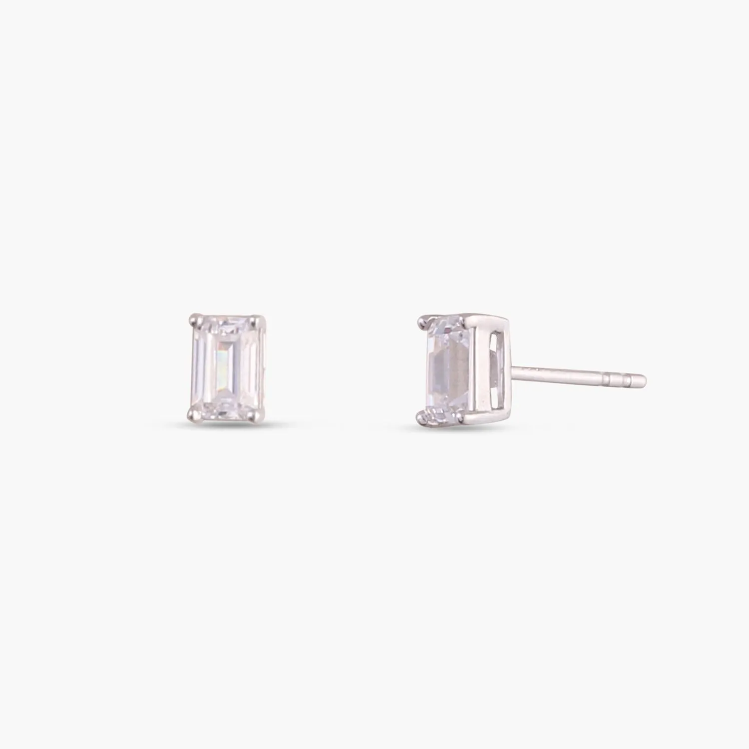 Classic Emerald cut CZ Solitaire Silver Stud Earrings, Mini