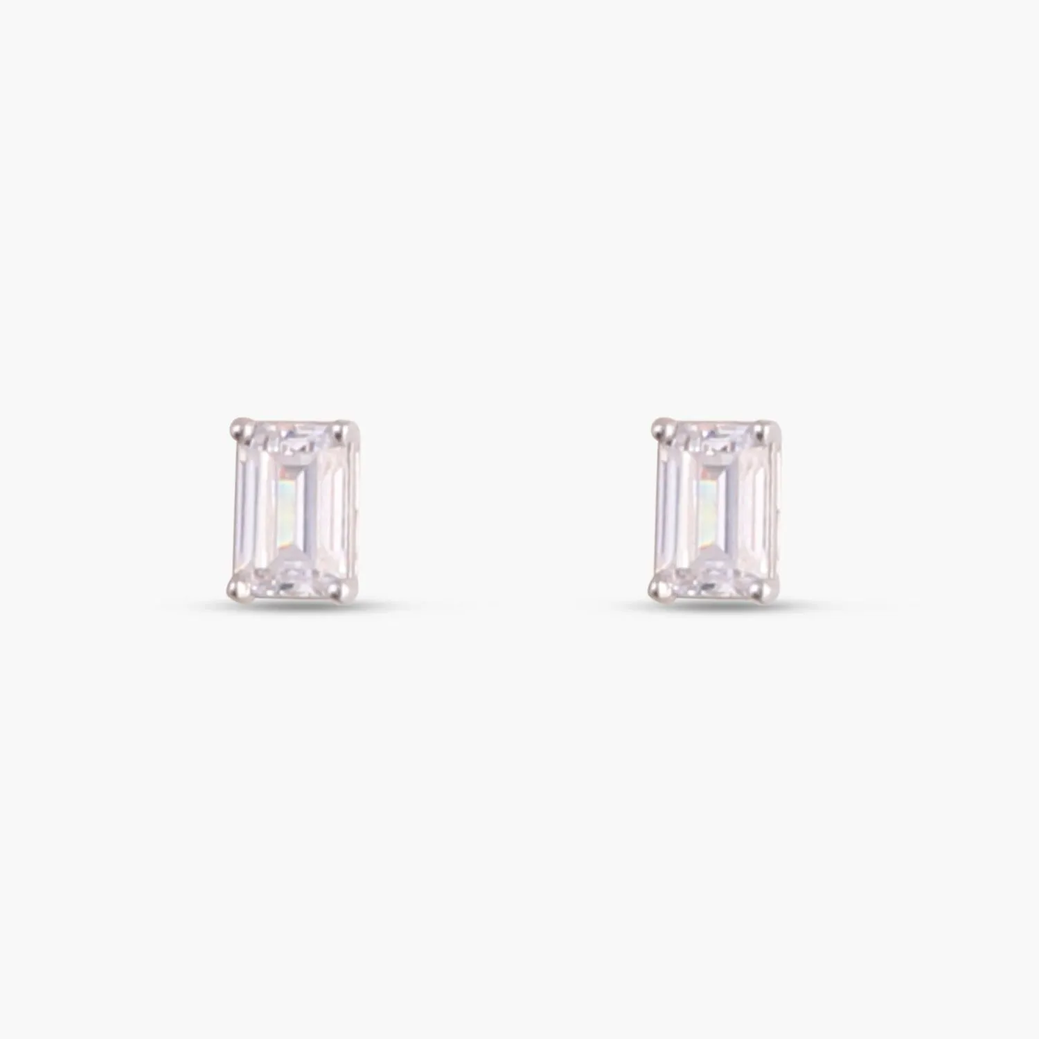 Classic Emerald cut CZ Solitaire Silver Stud Earrings, Mini