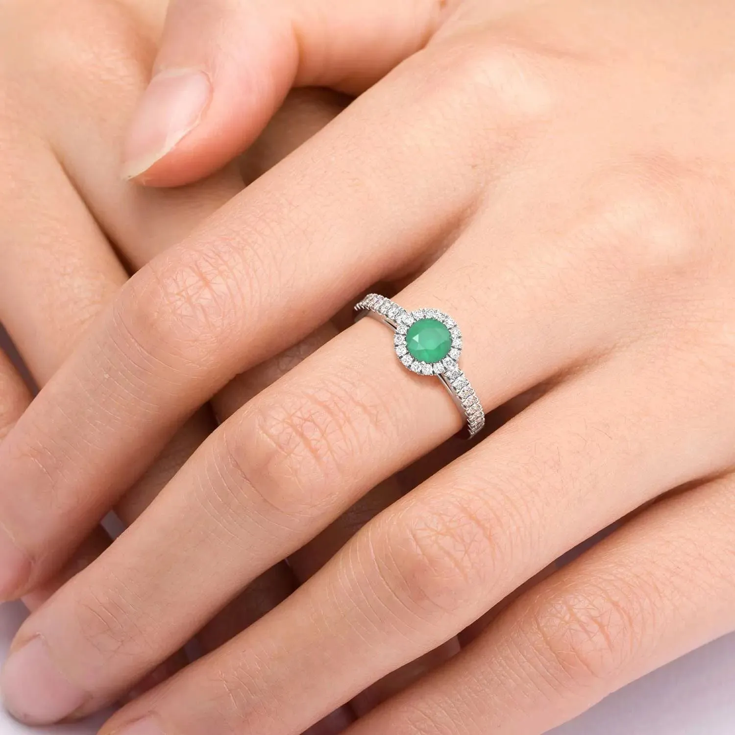 Classic Round Emerald Halo Ring in Sterling Silver