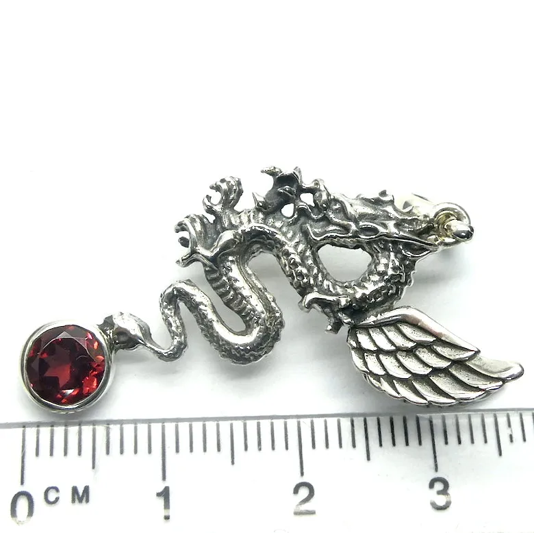 Dragon Pendant with Garnet,  925 Sterling Silver