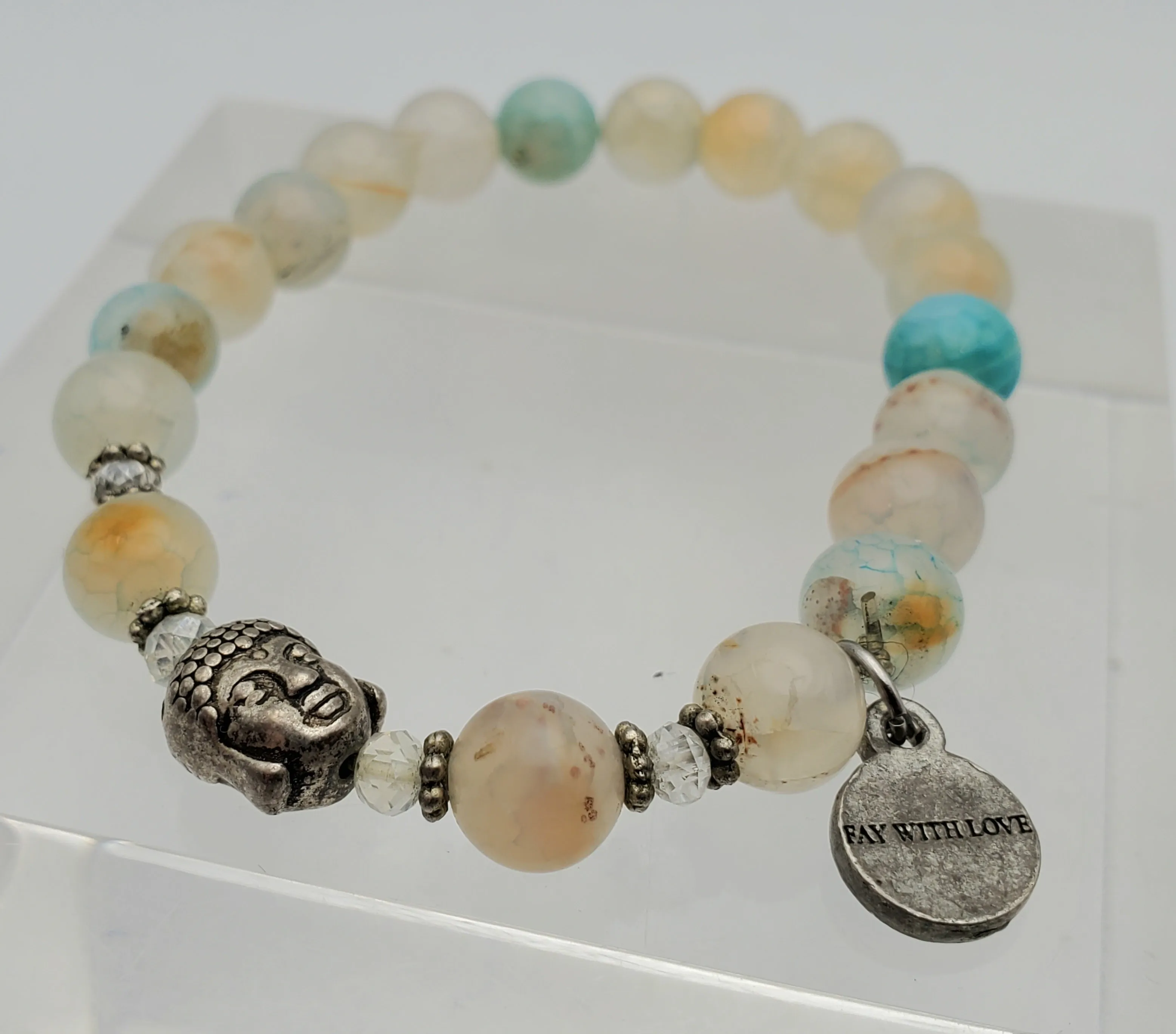 Dyed Agate and Buddha Head Beaded Stretch Bracelet