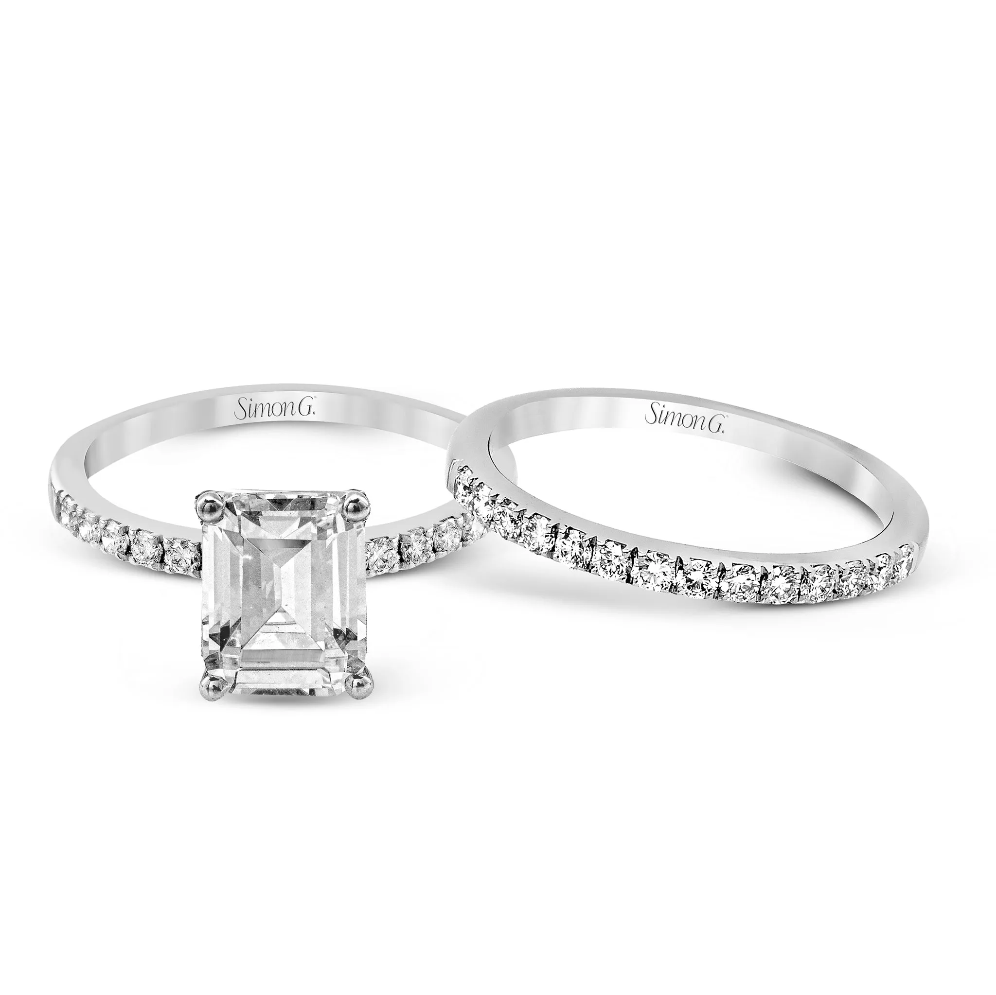 Emerald-cut Engagement Ring & Matching Wedding Band in 18k Gold with Diamonds