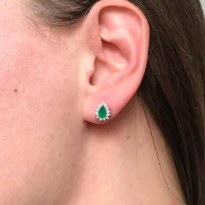 EMERALD DIAMOND STUD EARRINGS WHITE GOLD TEARDROP PEAR HALO JEWELRY