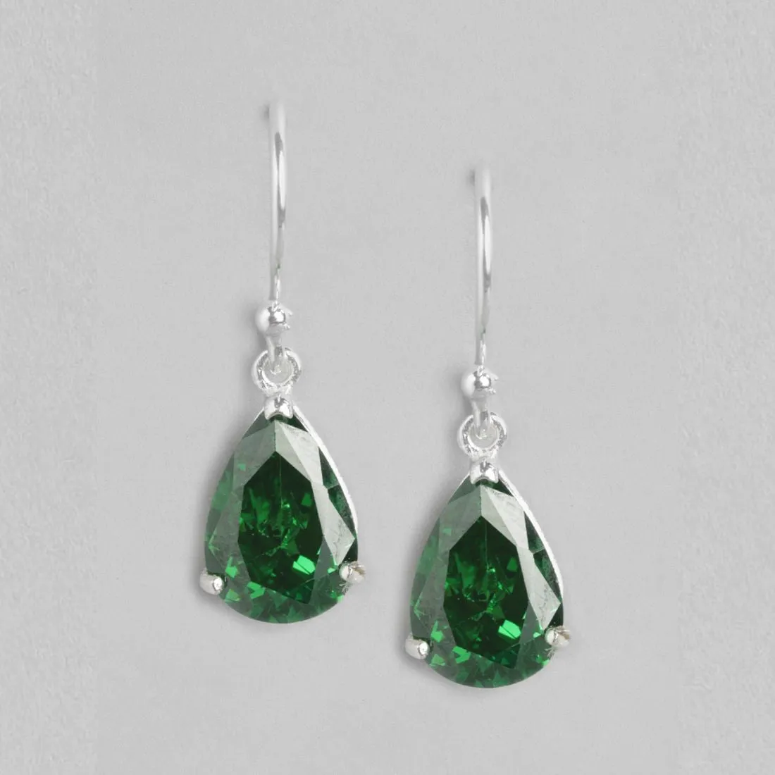 Emerald Elegance Rhodium-Plated Tear Drop CZ 925 Sterling Silver Earrings