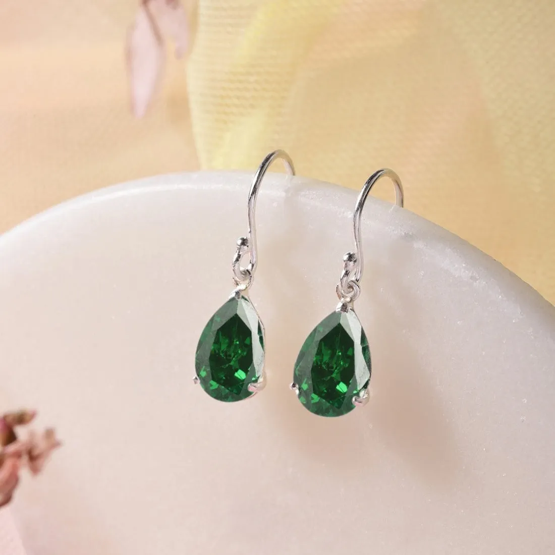 Emerald Elegance Rhodium-Plated Tear Drop CZ 925 Sterling Silver Earrings