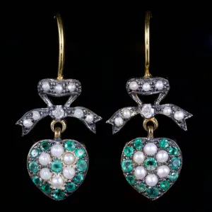 Emerald Pearl Diamond Heart Earrings 18Ct Gold Silver