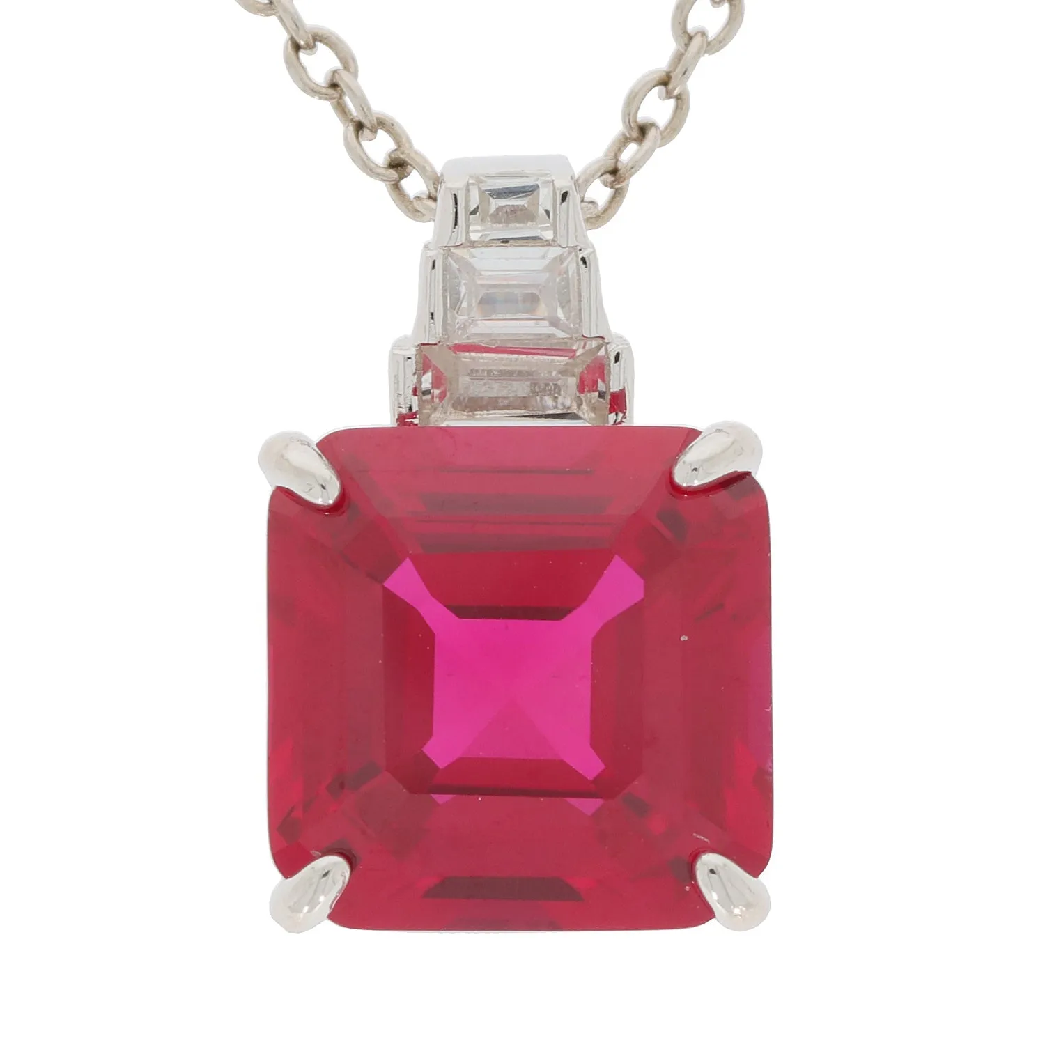 Emerald Red Ruby Sterling Silver Pendant with Moissanite Accent