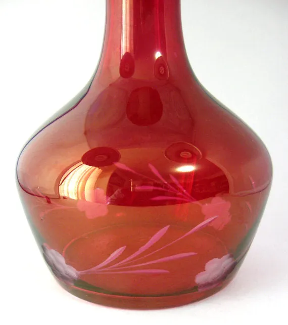 Etched Bohemian Vase Red Ruby Flash Cut Decanter Czechoslovakia 1940s