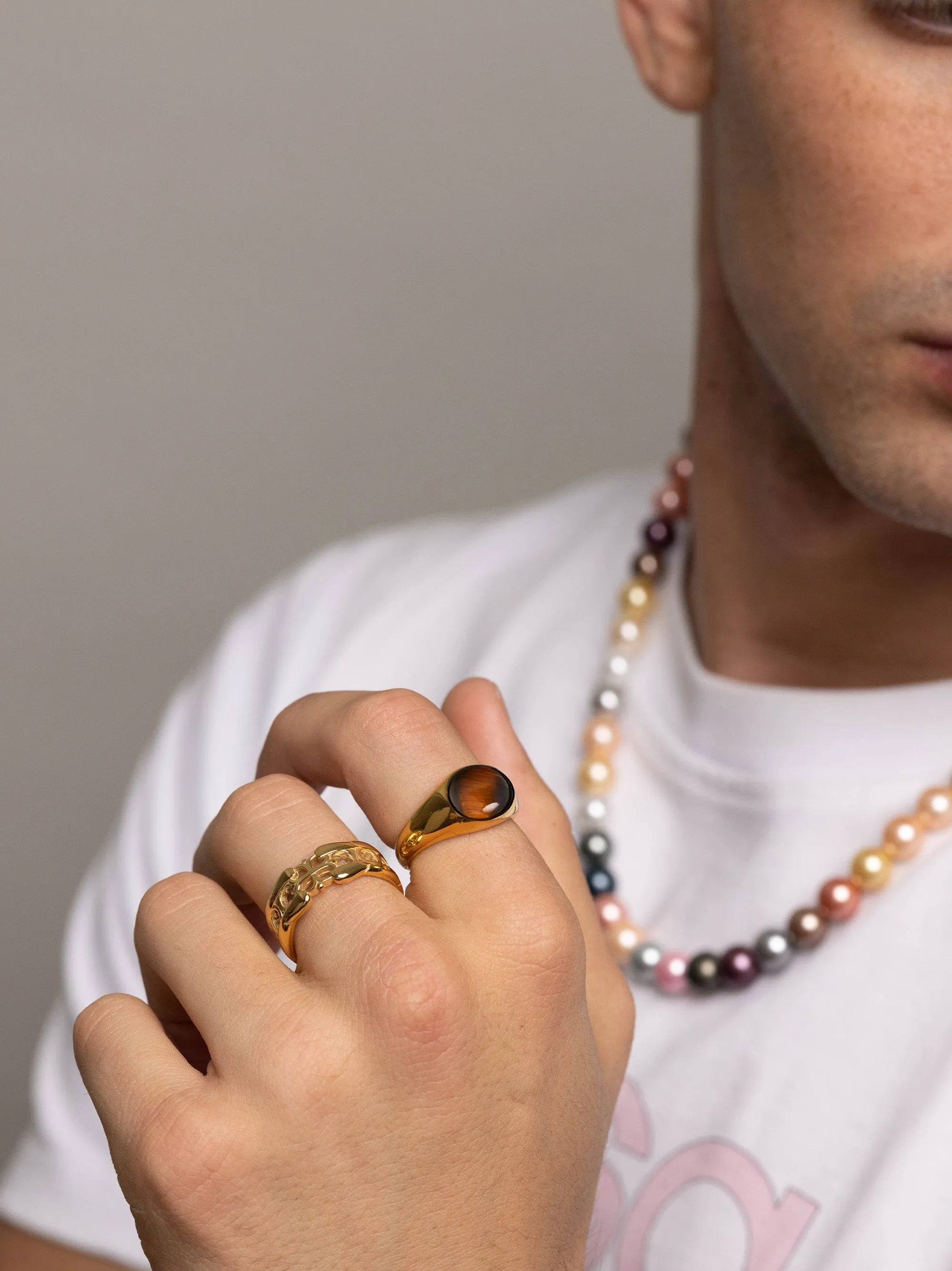 Gold Oval Signet Ring with Brown Tiger Eye