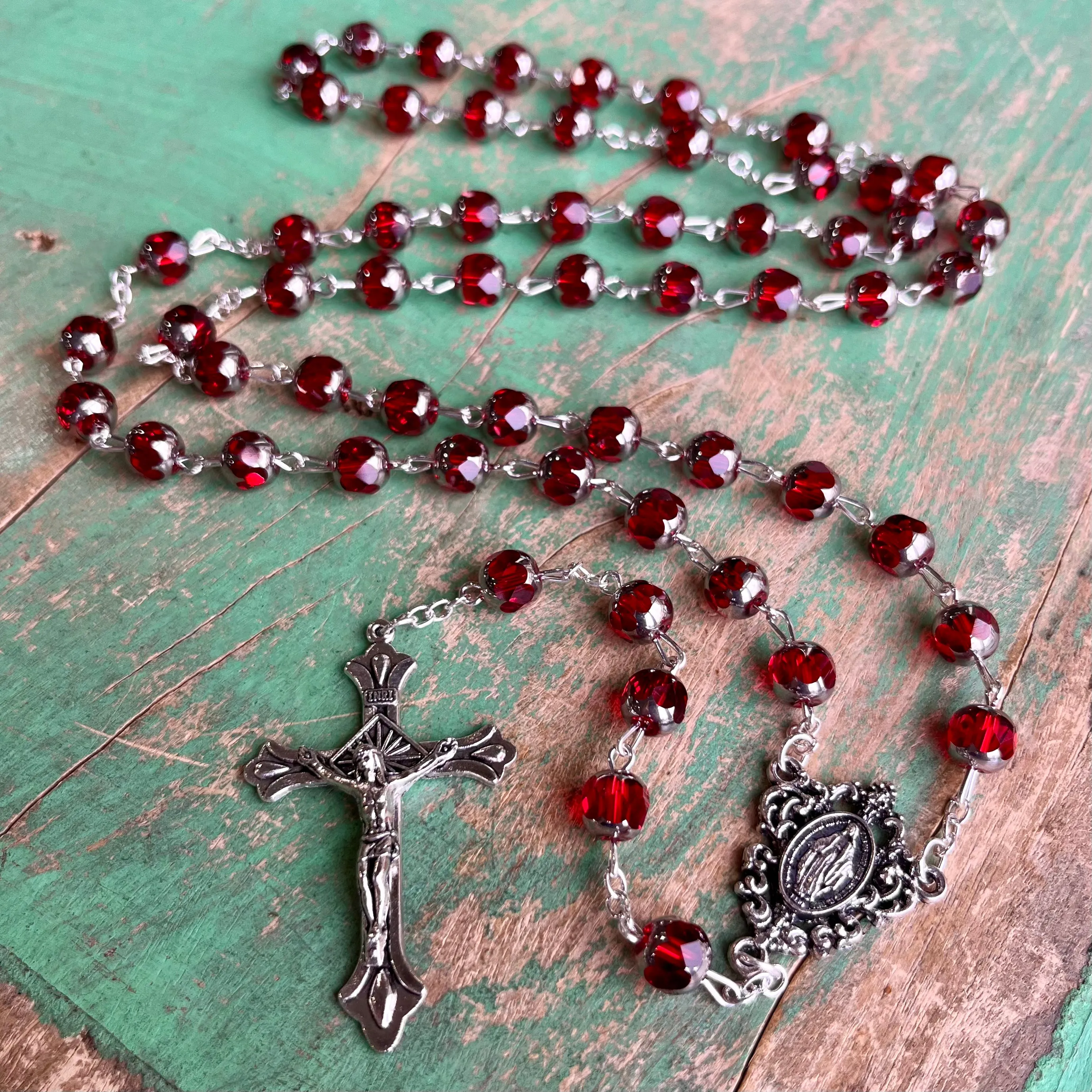 Graceful Ruby Red Glass Rosary