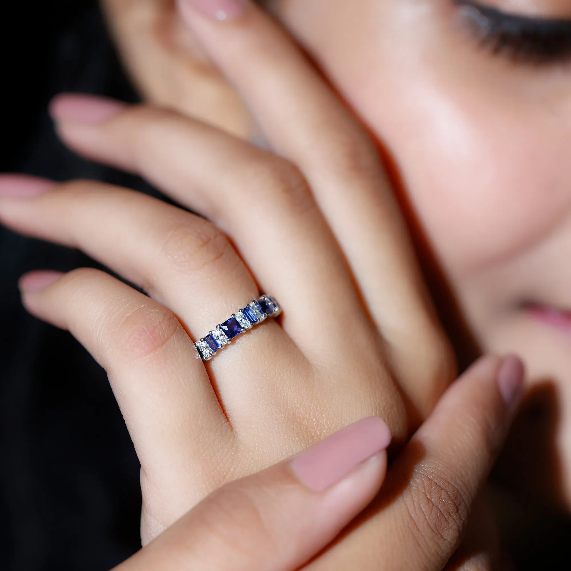 Lab-Created Blue Sapphire and Diamond Classic Eternity Band Ring