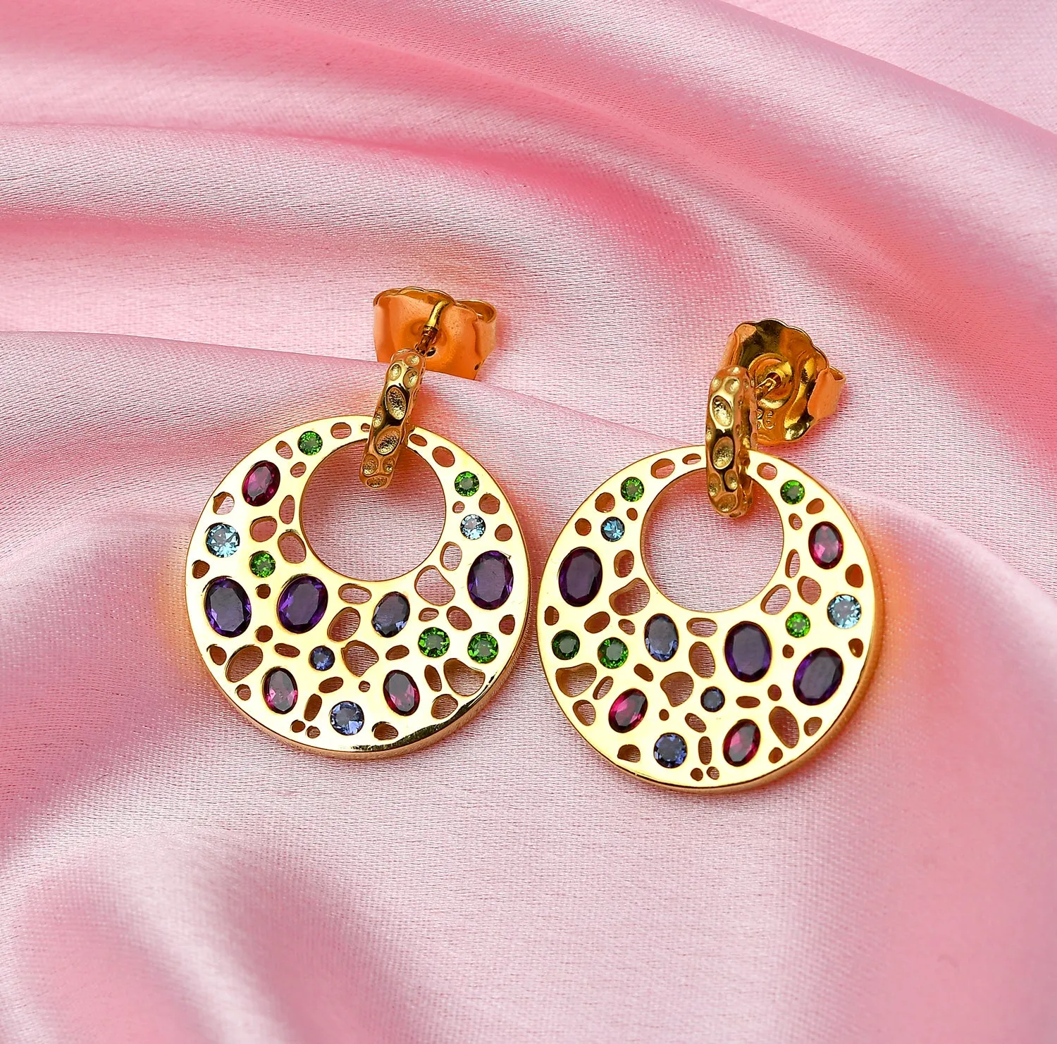 Lattice Disc Multi Gems Drop Earrings