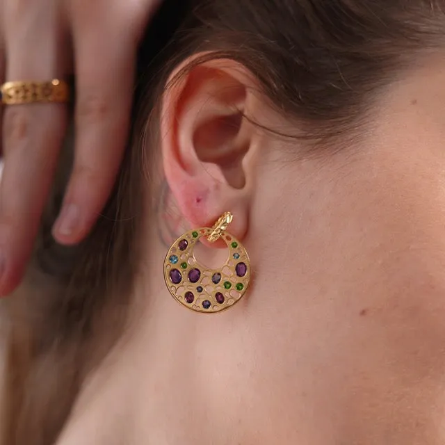 Lattice Disc Multi Gems Drop Earrings