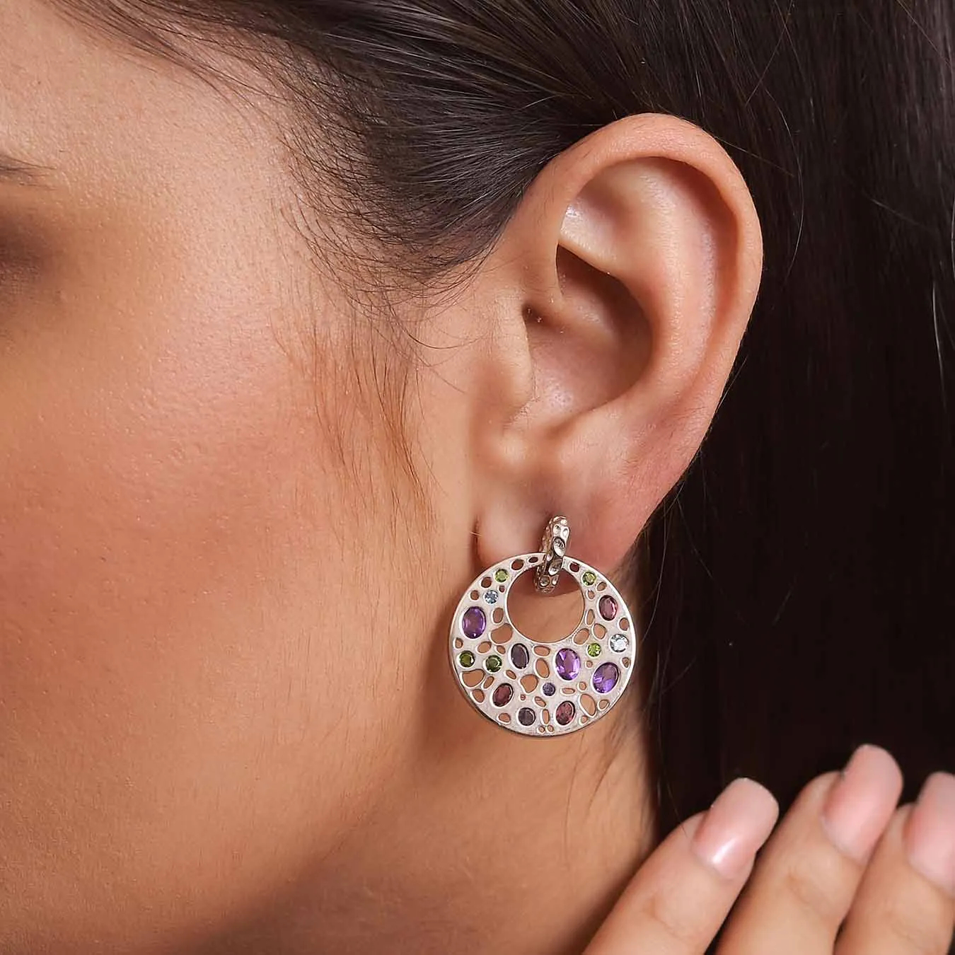 Lattice Disc Multi Gems Drop Earrings