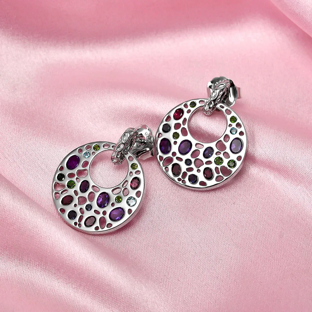 Lattice Disc Multi Gems Drop Earrings