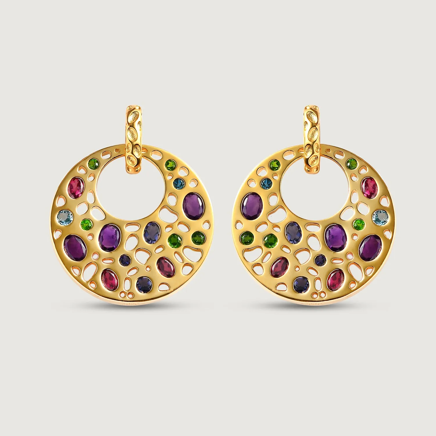 Lattice Disc Multi Gems Drop Earrings