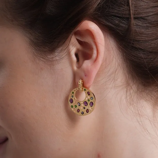 Lattice Disc Multi Gems Drop Earrings