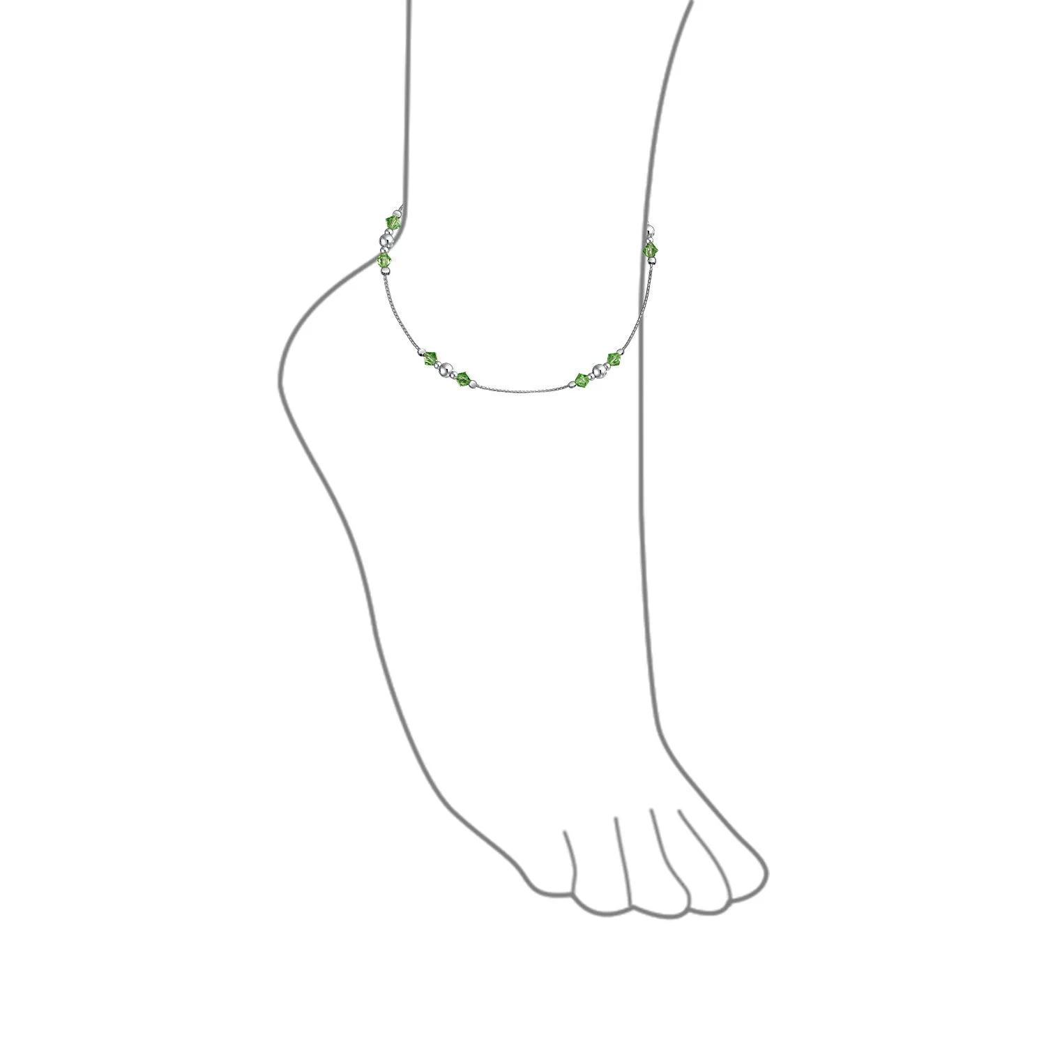 Lime Green Crystal Bead Anklet Ankle Bracelet Sterling Silver 9-10"