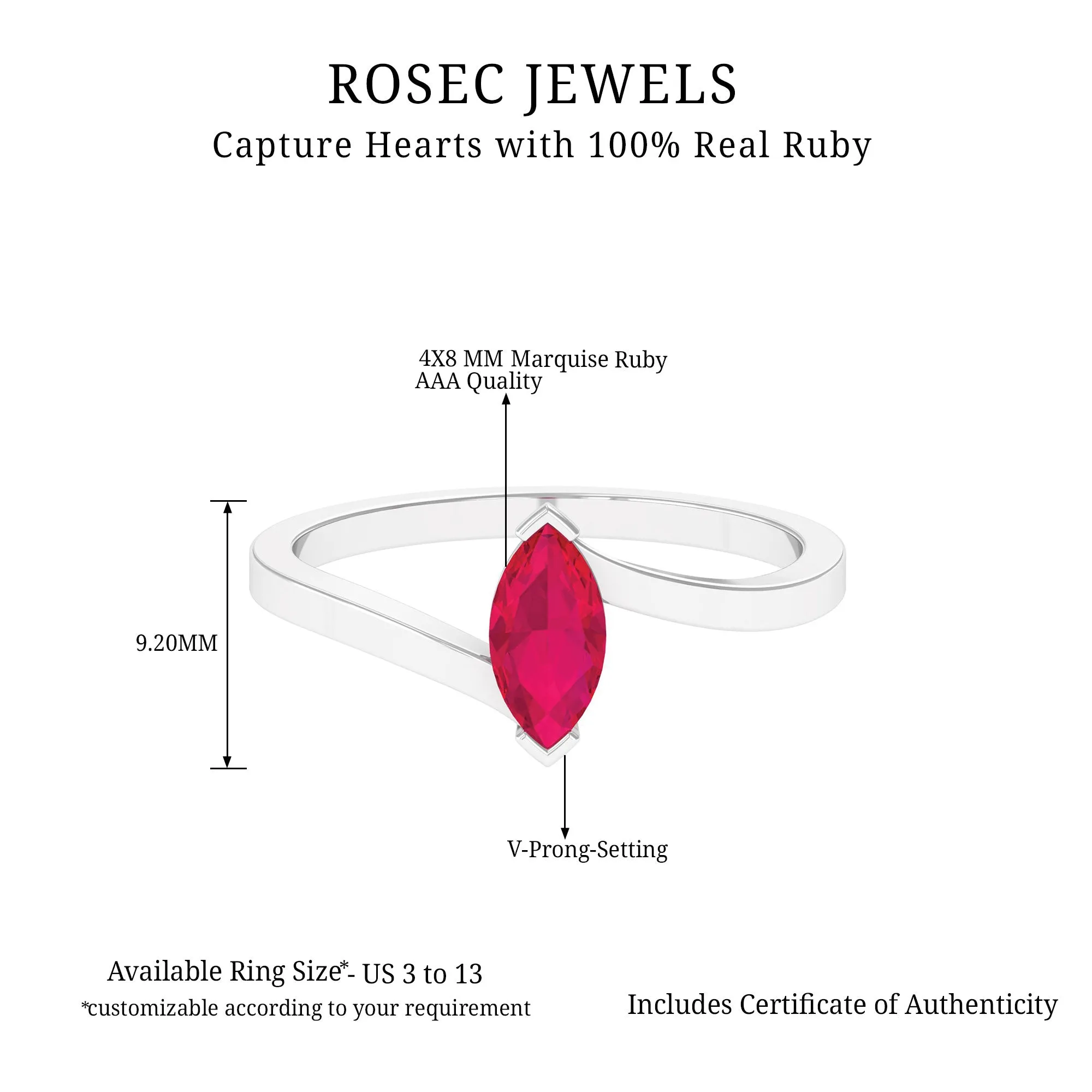 Marquise Cut Ruby Solitaire Ring in Bypass Shank