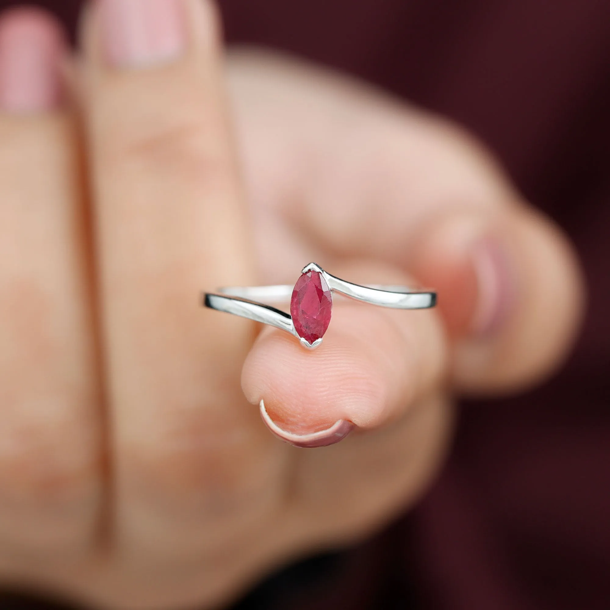 Marquise Cut Ruby Solitaire Ring in Bypass Shank