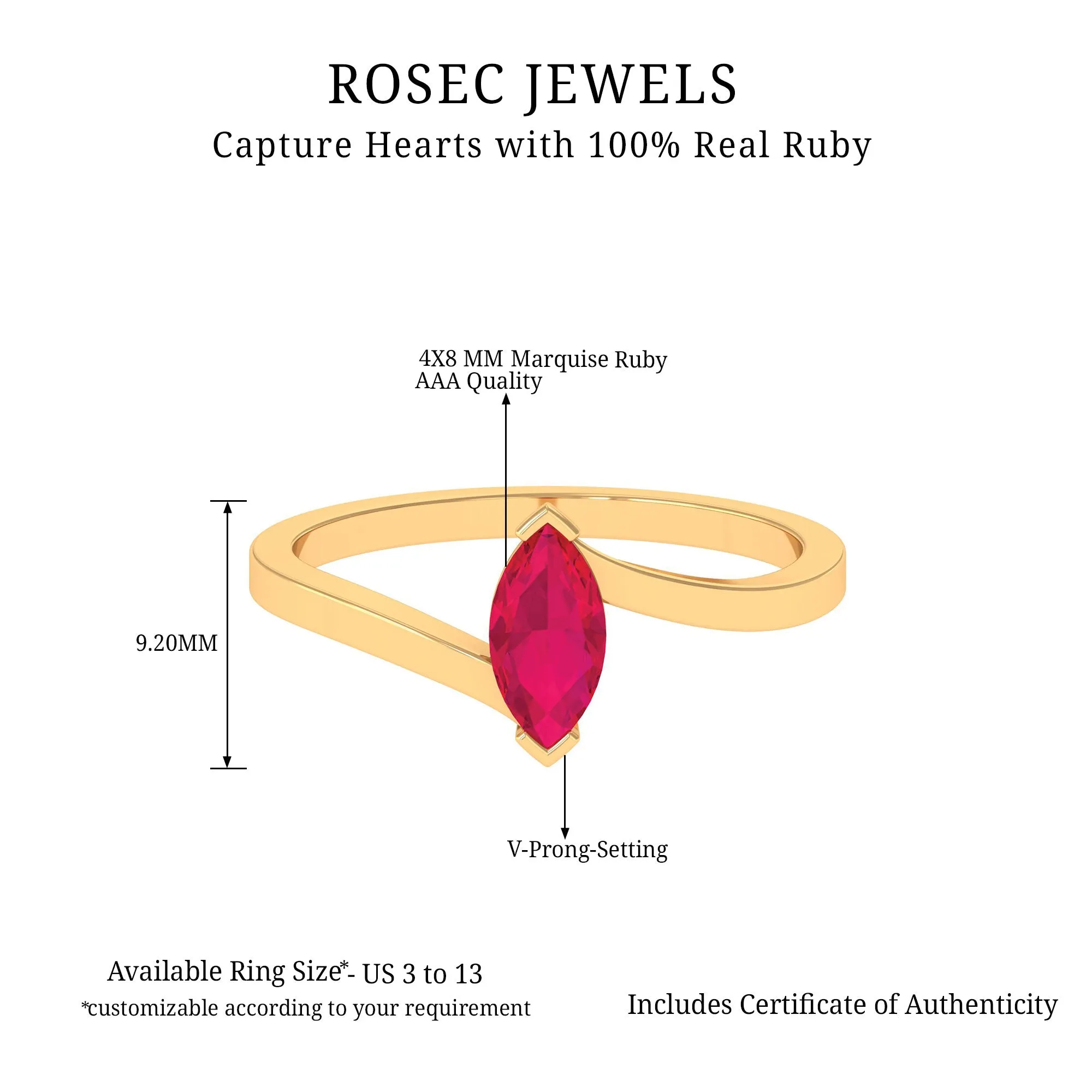 Marquise Cut Ruby Solitaire Ring in Bypass Shank