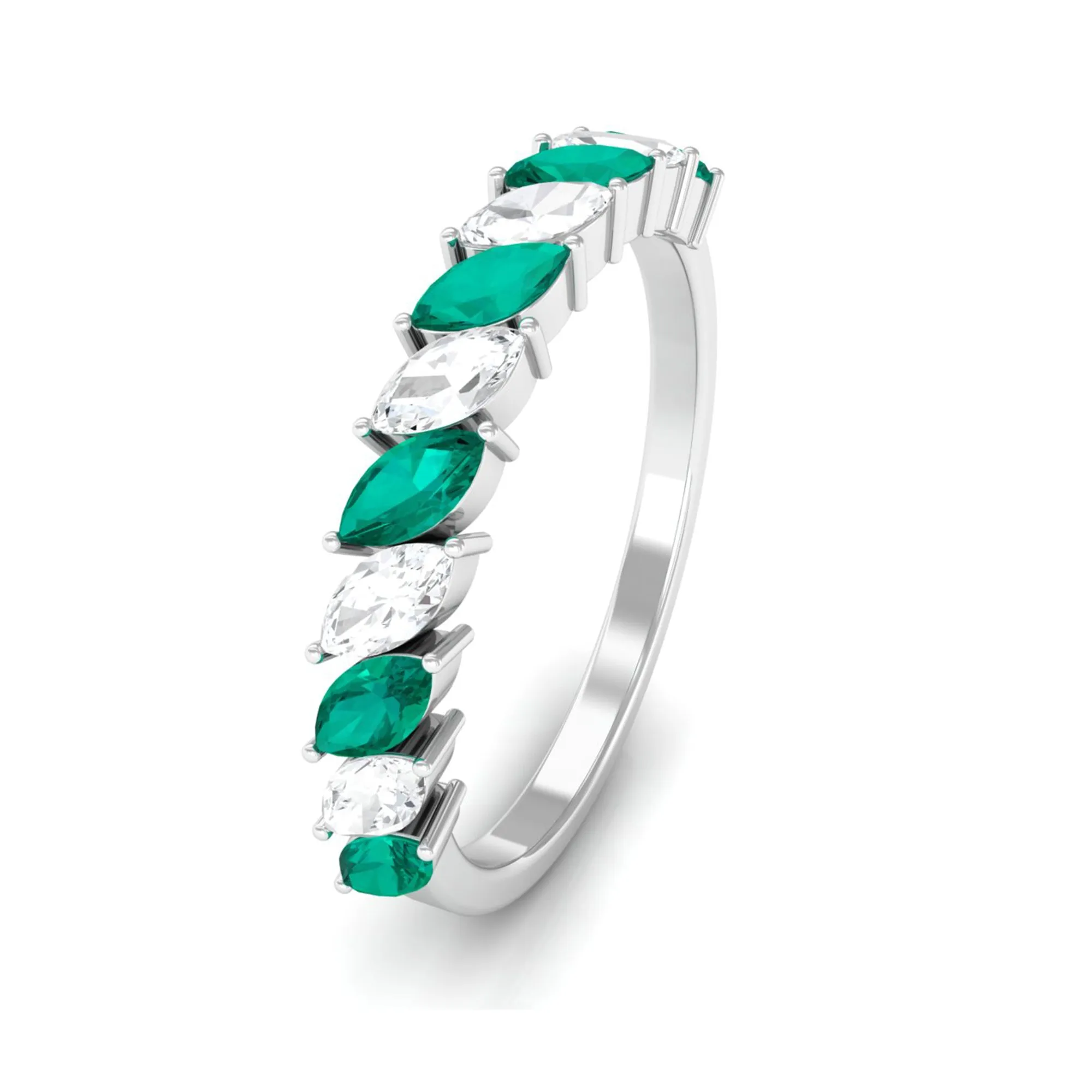 Marquise Emerald and Diamond Tilted Half Eternity Ring