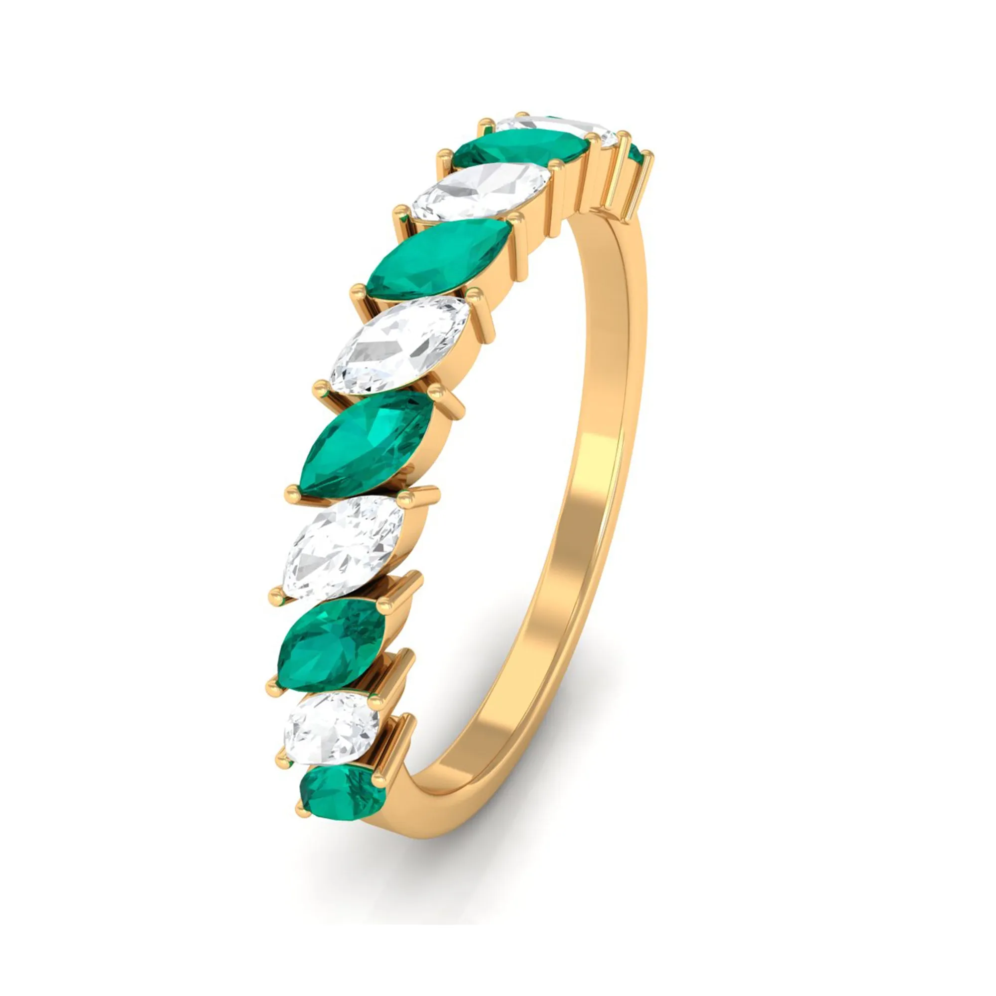 Marquise Emerald and Diamond Tilted Half Eternity Ring