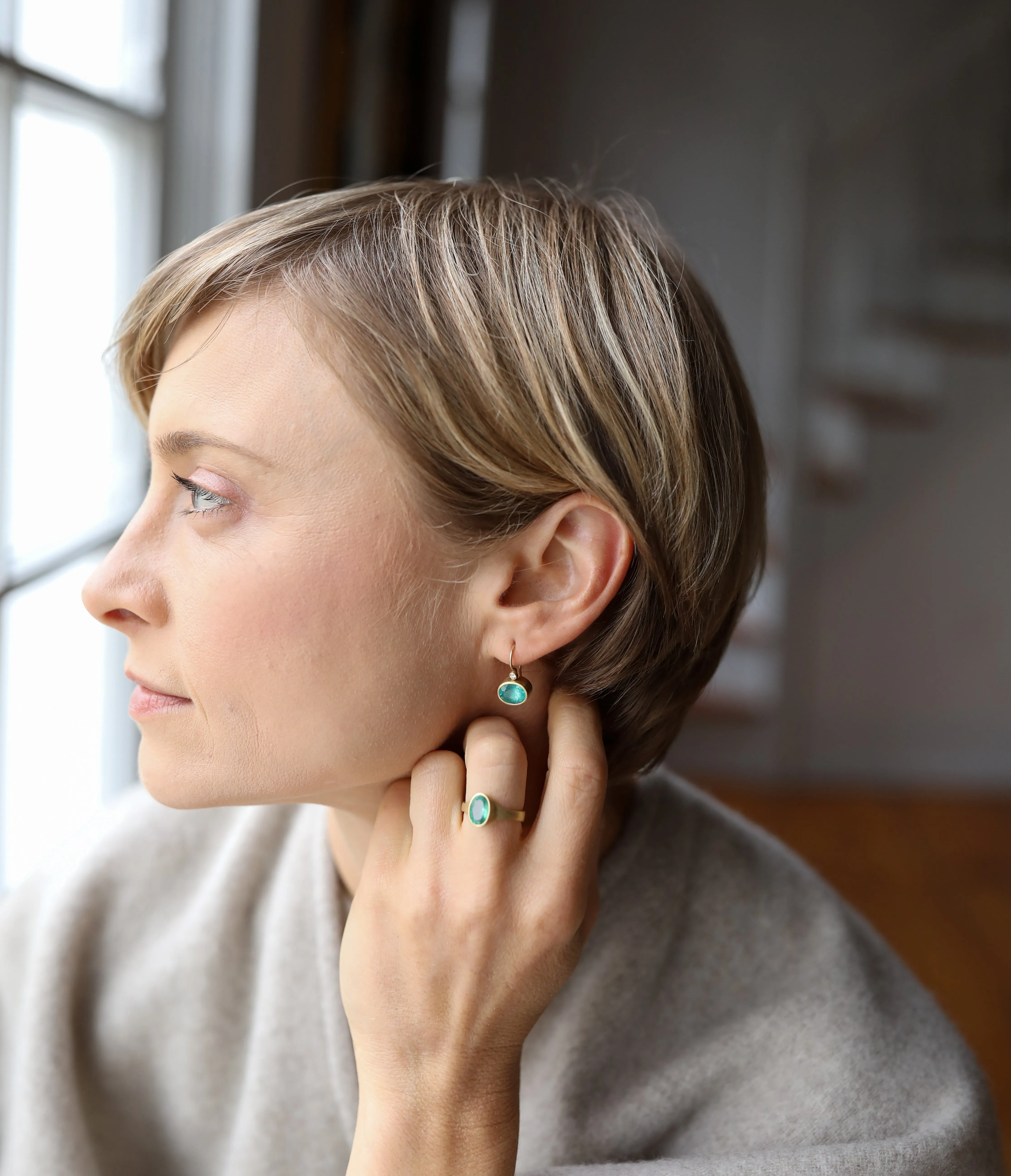 Oval Brazilian Emerald Earrings with Diamond Wires