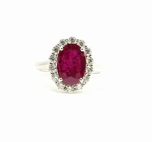 Oval Ruby and Round Diamond Halo Ring in 14k White gold