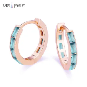 Paris Jewelry 18K Rose Gold Created Aqua 3Ct Emerald Cut Huggie Hoop Earrings Plated