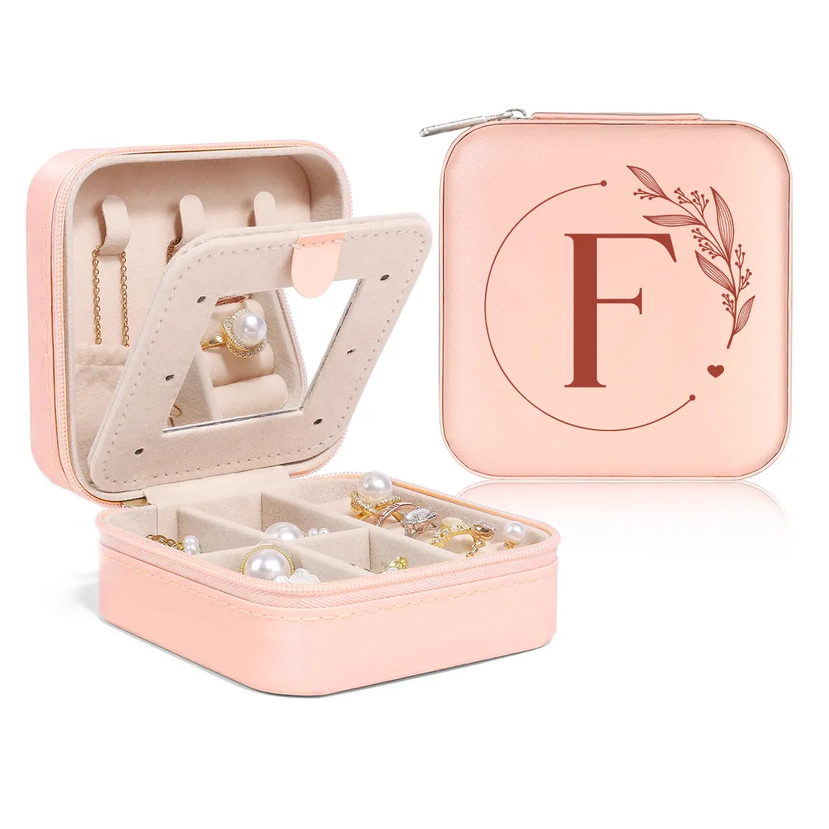 Personalized Jewelry Box, Pink Small Travel Jewelry Box with Initial F, Monogrammed Jewelry Case Organizer for Girls Women Teen, Mini Travel Essentials Gifts for Christmas Birthday